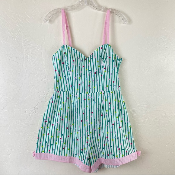 Unique Vintage Pants - Unique Vintage Size Large Green & Cream Striped Polka Dot Spaghetti Strap Romper